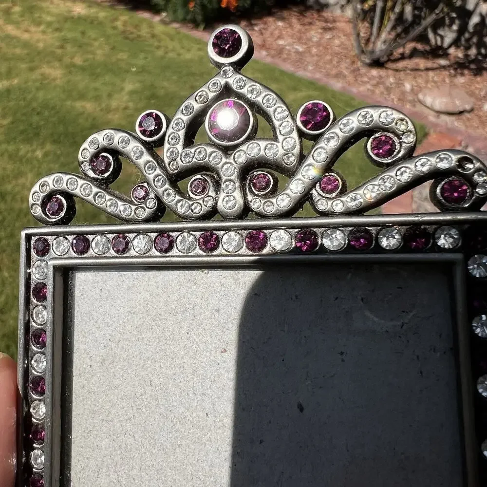 Vintage Elsa L 1999 Ornate Clear/Purple Rhinestones Pewter? Picture Frame 5”x3”